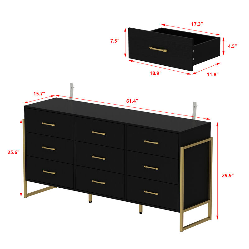 Black Wood 9 Big Drawers 61.4 in. W Dresser With Metal Frame Legs