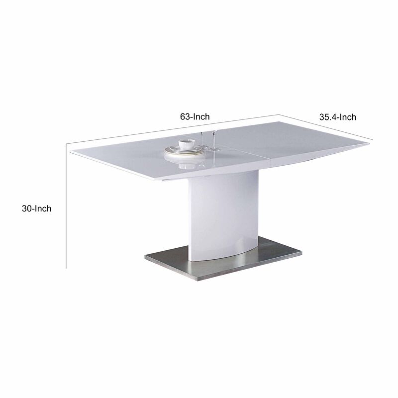 63-87 Inch Extendable Dining Table, White Lacquer Top, Stainless Steel - Benzara