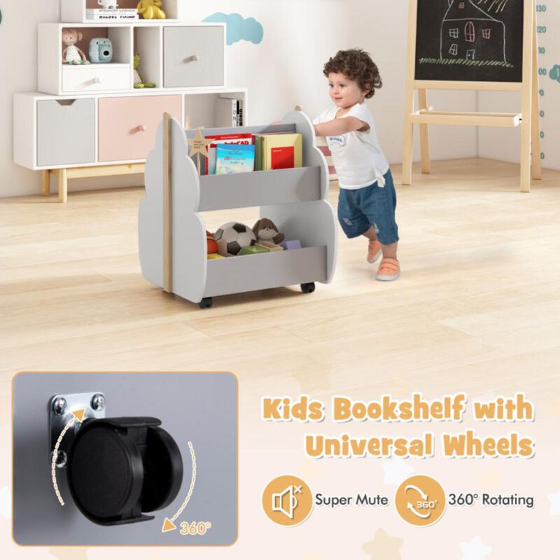 Hivvago Kids Wooden Bookshelf with Universal Wheels-Gray