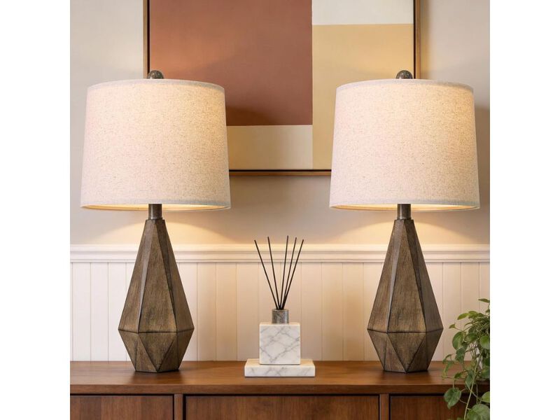 Rustic Farmhouse Table Lamp Set of 2 Dark Wood Bedside Lamps with Linen Shade image number 1