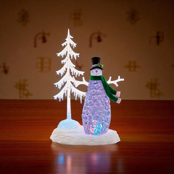 Snowman with Pine Tree Christmas Decoration – LED Multicolored Light-Up Tabletop Holiday Figure