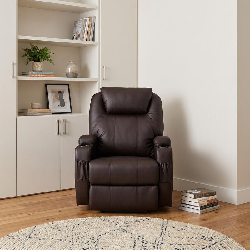 HomeRoots 33" Brown Faux Leather Power Heated Massage Lift Assist Recliner image number 1
