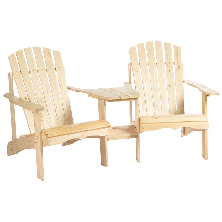 Outsunny Wooden Adirondack Chair for Two, Outdoor Fire Pit Chair Set with Table & Umbrella Hole, Patio Chairs for Deck Lawn Pool Backyard, Natural