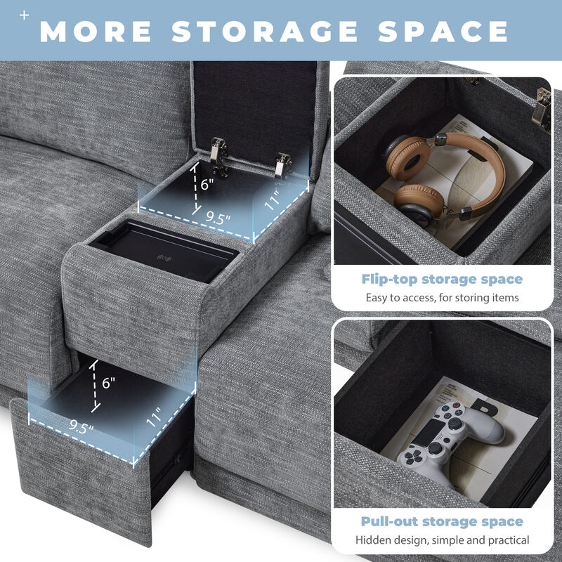 Whisen 124" L-Shaped Chenille Sectional with Storage Console, Chargers & Movable Ottoman image number 7