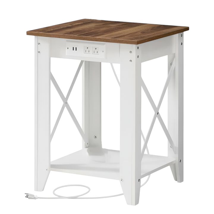 Modern 2-Tier Nightstand with USB Ports, Power Outlets and Storage Shelf-White