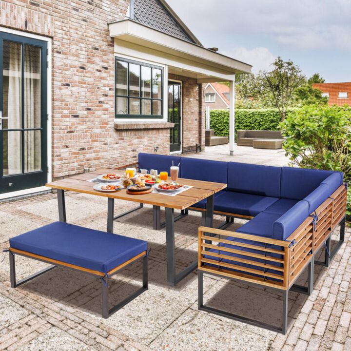 Hivvago 8 Pieces Patio Acacia Wood Dining Table Set with Ottoman Cushions-Navy