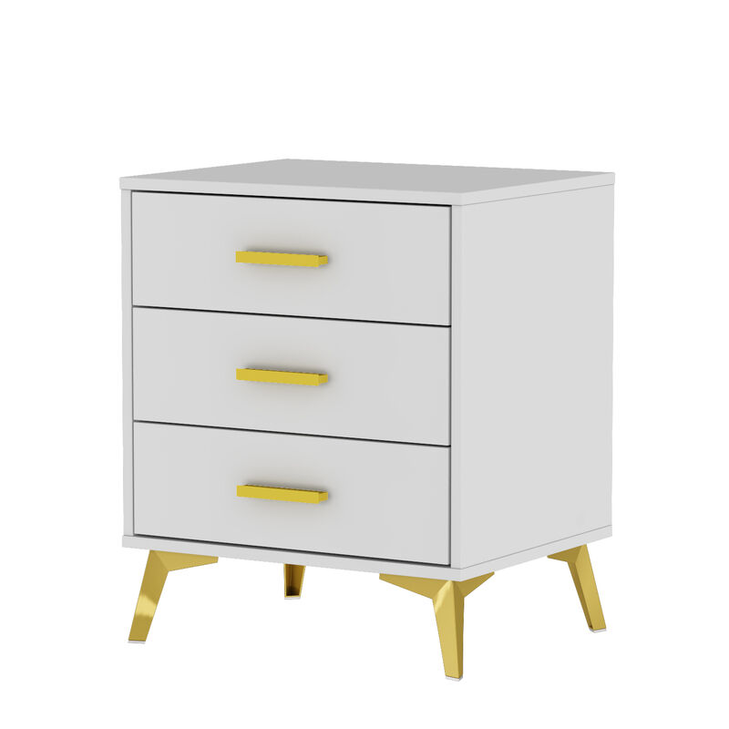Modern Nightstand with 3 Storage Drawers & Gold Metal Legs, Minimalist and Versatile Bedside Table Sofa End Side Table, White (19.7" W x 15.7" D x 23.6" H)