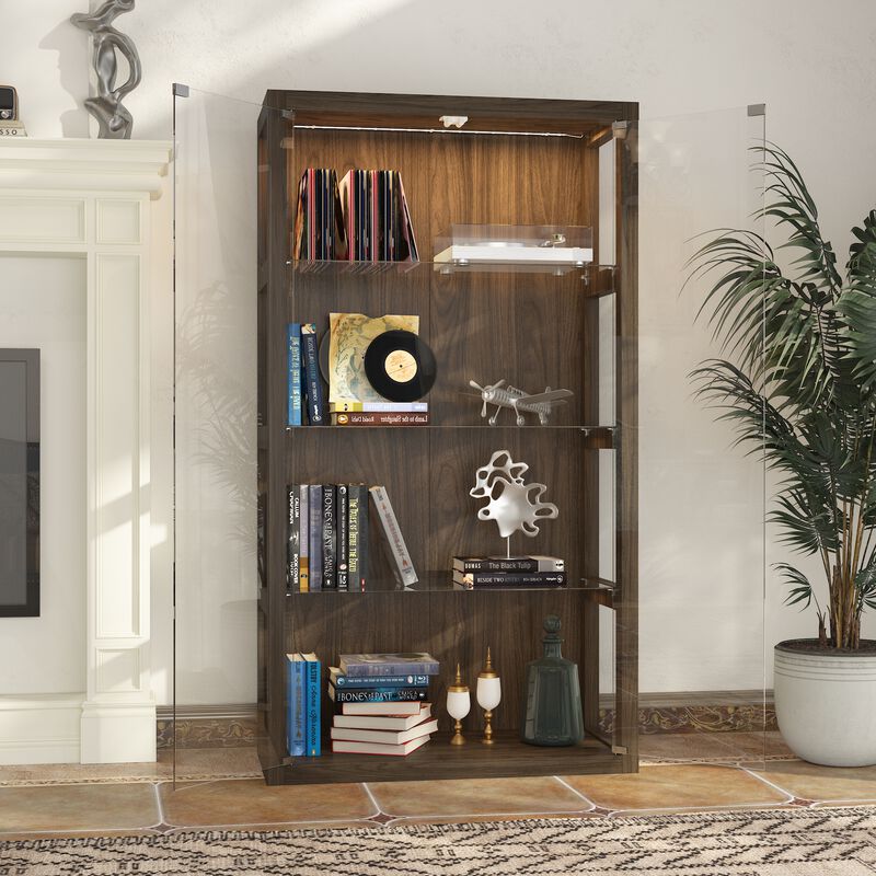 FUFU&GAGA Walnut Grain Glass Display Cabinet with Adjustable Tricolor LED Light, 4 Tempered Glass Shelves, Push-to-Open Door - 34.8" W x 15.7" D x 63" H, Walnut Brown