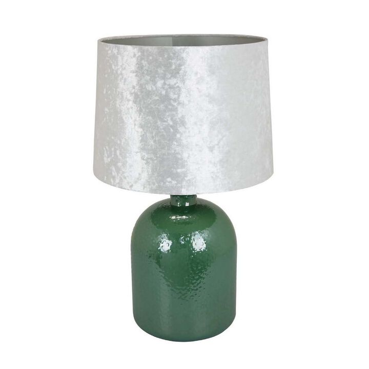 27 Inch Table Lamp, Drum Shade, Round Drop Shaped Glass Body, Green Finish - Benzara