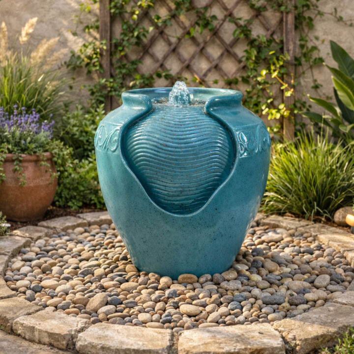 Teamson Home Outdoor Glazed Pot Floor Fountain with LED Lights, Teal