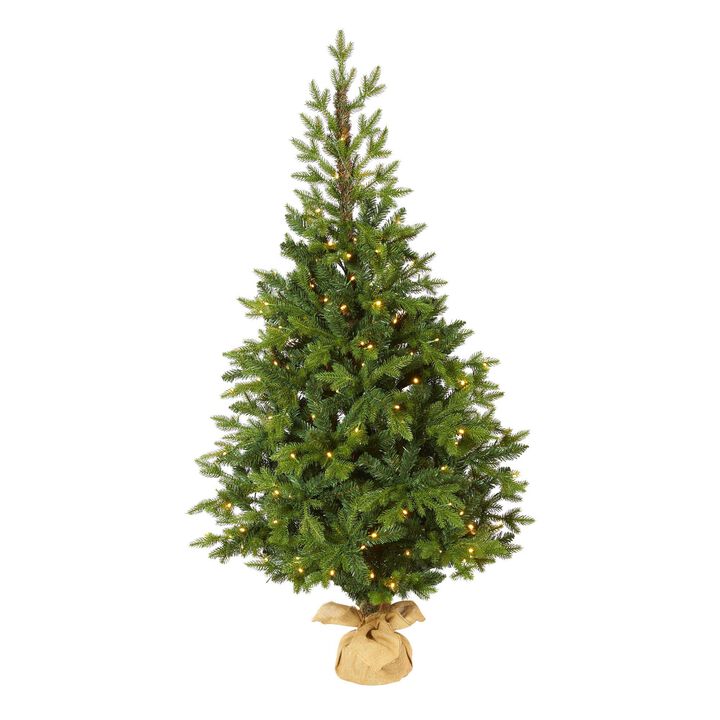 Nearly Natural 4-ft Fraser Fir “Natural Look-in Artificial Christmas Tree with 100 Clear LED Lights, a Burlap Base and 403 Bendable Branches