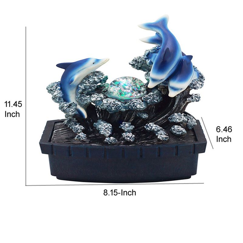 Eci 11 Inch Dolphin Tabletop Water Fountain, LED Light, Painted Multicolor - Benzara