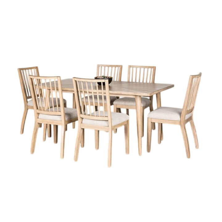 Lucas 7pc Dining Table Set, 6 Spindle Back Fabric Chair, Natural Brown - Benzara