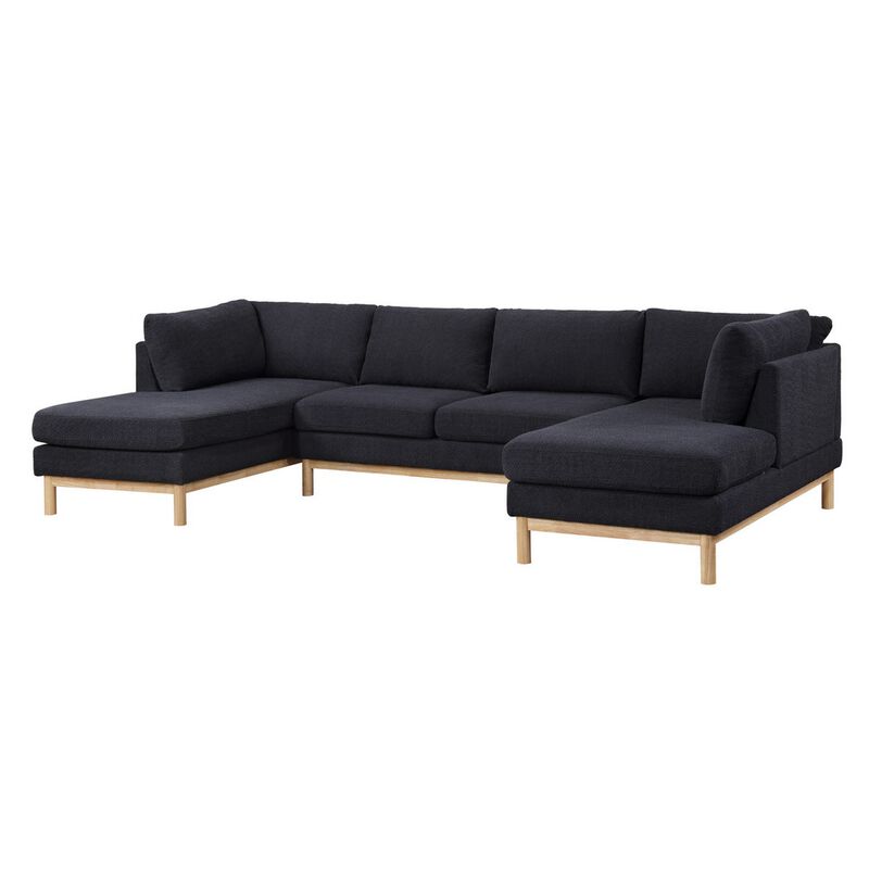 Hle 124 Inch Wide Sectional Sofa Double Chaise, U Shape, Black Sherpa, Wood