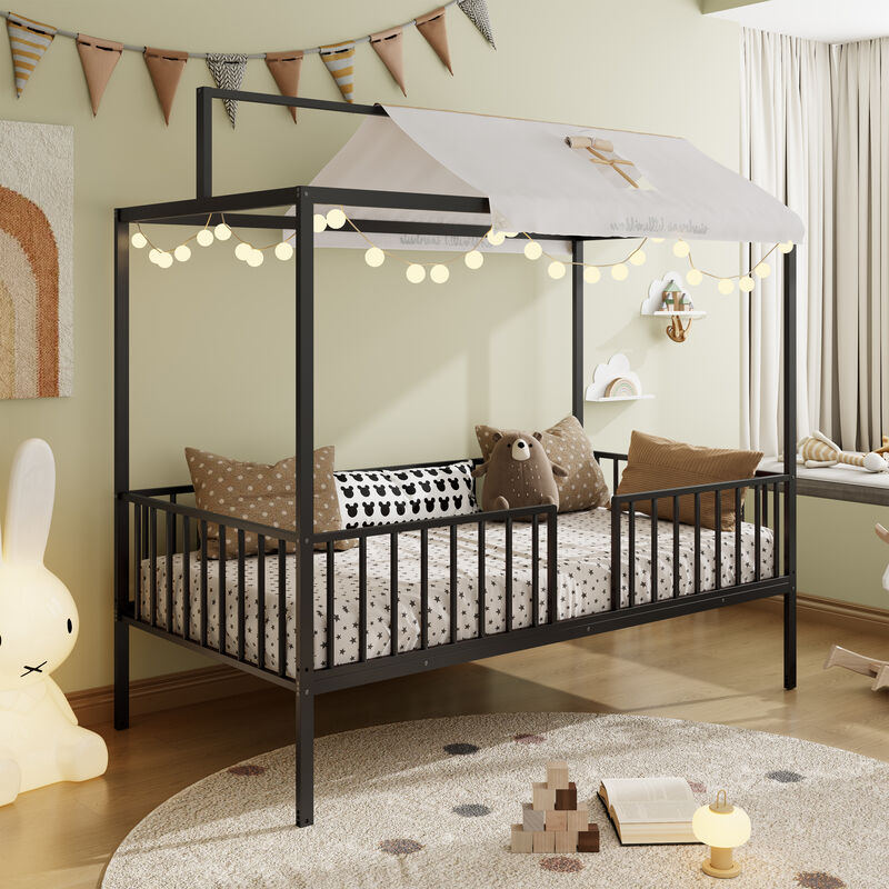 Merax Convertible Montessori Metal floor bed,Fenced toddler bed