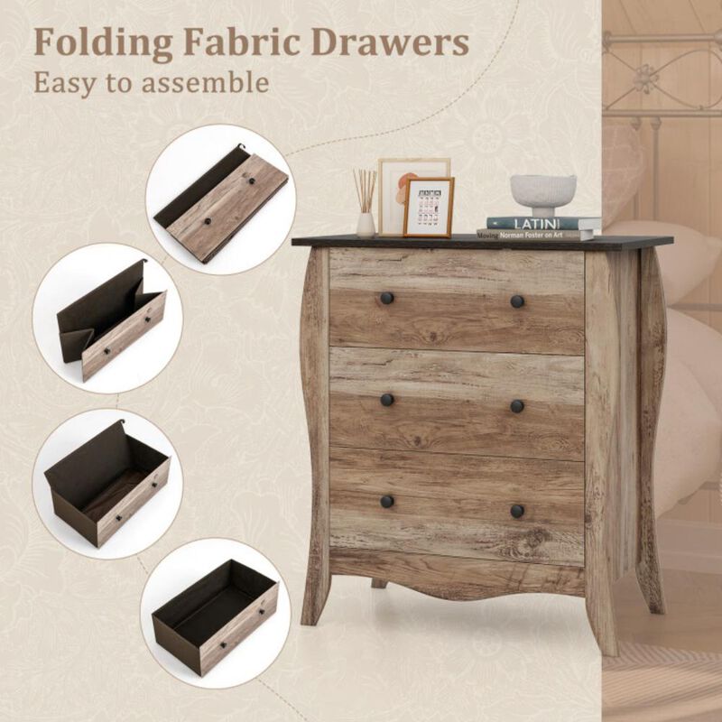 Dresser for Bedroom with 3 Folding Fabric Drawers and Anti-Tipping Kit for Safe Storage