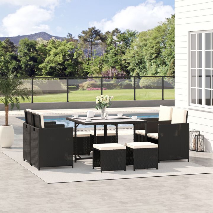 9 Pieces Patio Wicker Dining Sets, Space Saving Outdoor Sectional Conversation Set, with Dining Table, Chairs & Cushioned for Lawn, Black