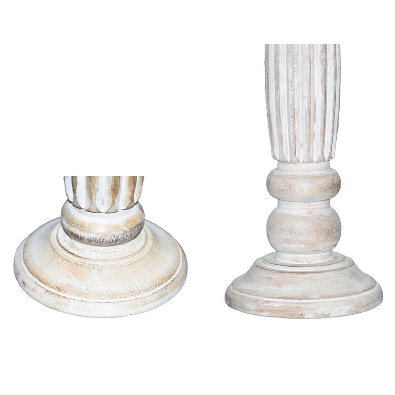 Traditional Antique White Eco-friendly Handmade Mango Wood Set Of Two 6" & 15" Pillar Candle Holder