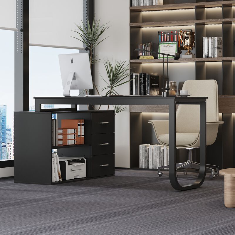 55.1 in. L-Shaped Black Wood Computer Desk Writing Desk Office Executive Desk With Removable Tabletop, Shelves 3-Drawers