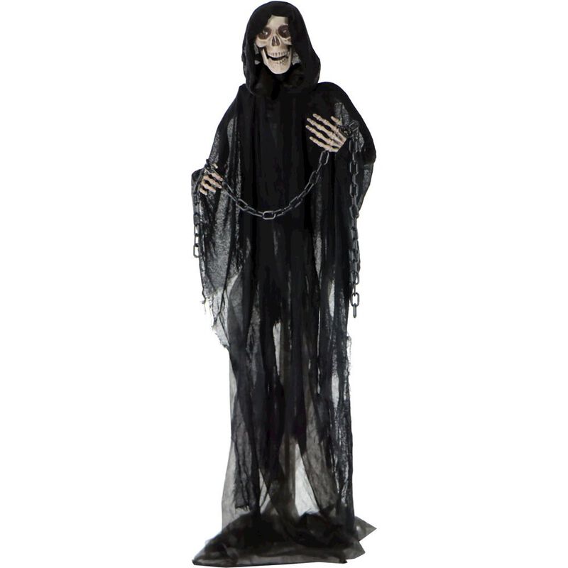 Haunted Hill Farm 65 Standing Grim Reaper with Chains, Light-up-Eyes, Sound,Rotating Head image number 0