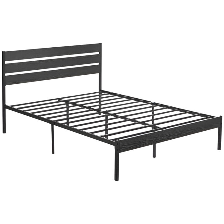 Industrial Platform Bed Frame with Slatted Wood Headboard