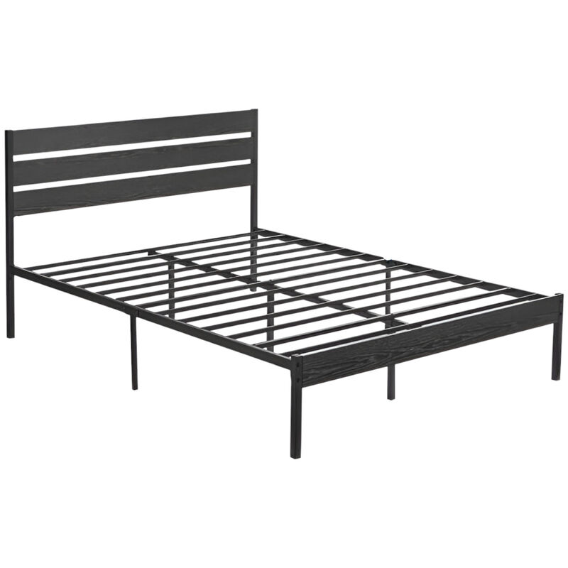 Industrial Platform Bed Frame with Slatted Wood Headboard image number 0