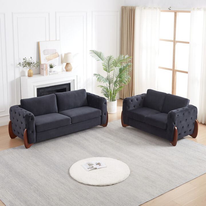 Boncok 2‑Piece Mid‑Century Modern Button Tufted Velvet Sofa Set