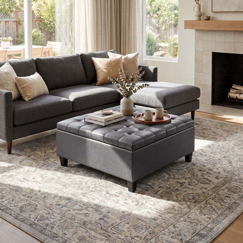 Harrison 36 inch Wide Transitional Square Coffee Table Storage Ottoman in Stone Grey Vegan Faux Leather, Assembled image number 1