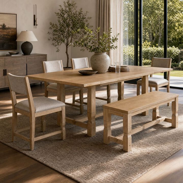 6 Piece Extendable Dining Set with Bench and Chairs solid wood dining set for kitchen dining room, rectangular dining table set with leaves