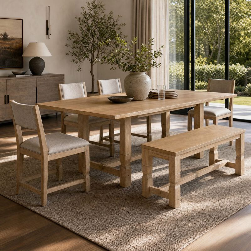 6 Piece Extendable Dining Set with Bench and Chairs solid wood dining set for kitchen dining room, rectangular dining table set with leaves image number 1