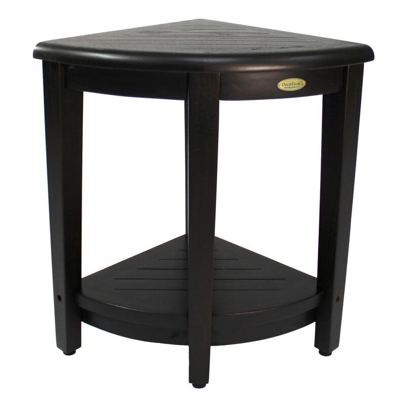 DecoTeak SnazzyCorner 23" Teak Wood Extended Height Corner Shower Bench with Shelf in Woodland Brown Finish - Extended Height