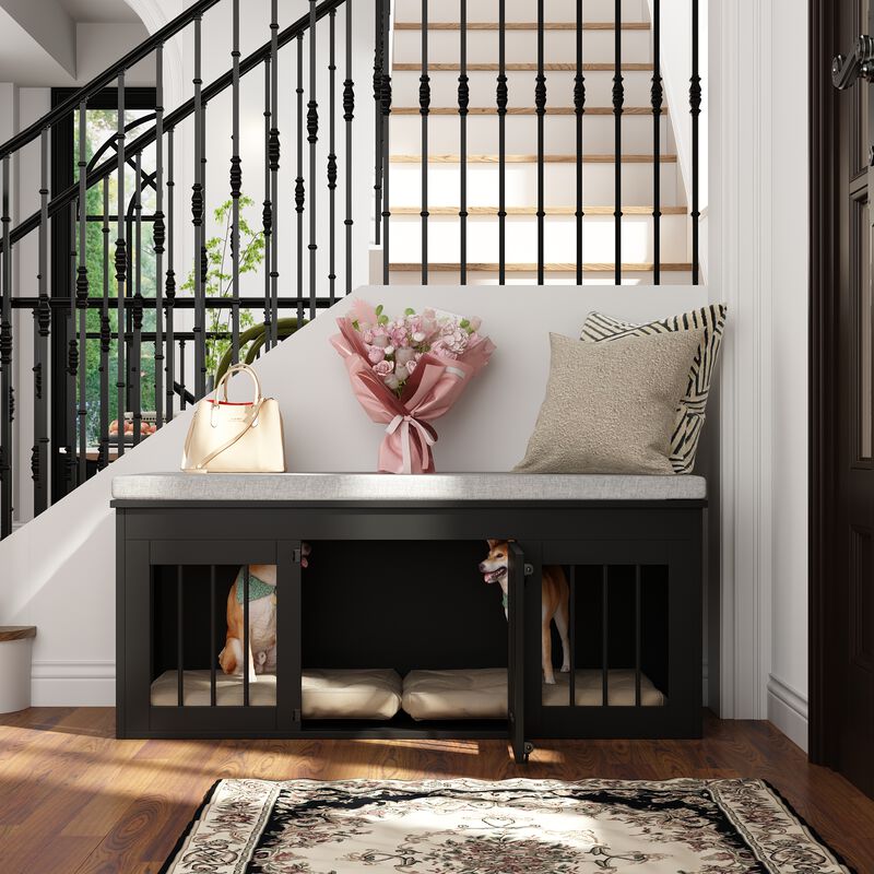 Wooden Bed End Bench Dog Crate, Dog Kennel Indoor Modern Crates Entryway Bench Furniture for Small Medium Pets, Black