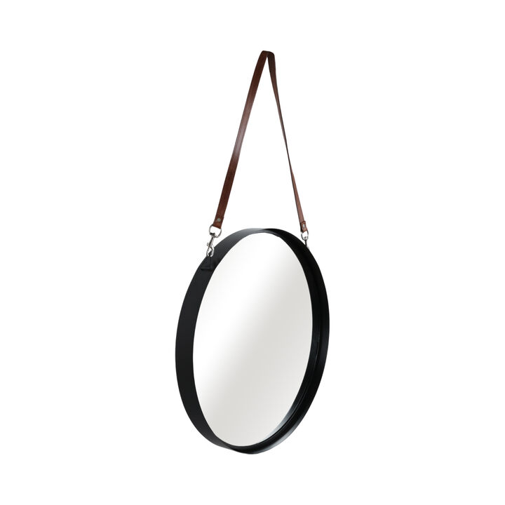 28" Round Mirror W/ Leather Strap, Black