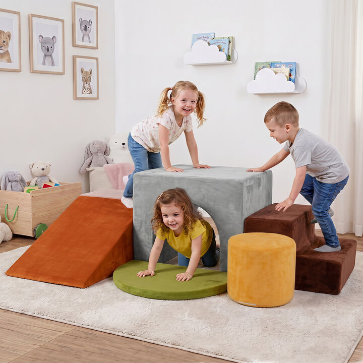 6 Piece Toddler Foam Climbing Set with Slide, Tunnel and Play Blocks
