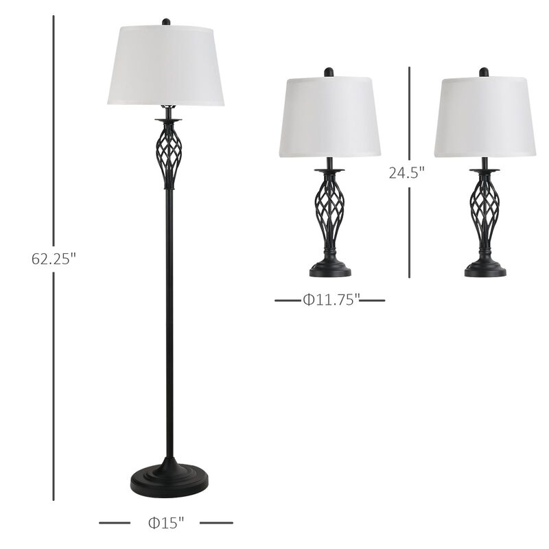 3 Pieces Table Floor Lamp Set with Metal Pole  Round Base and Fabric Lampshade  for Living Room  Dining Room  Bedroom  Black and White image number 3