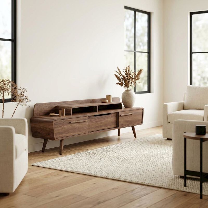 Brown wood TV stand with spacious surface and sturdy design image number 4