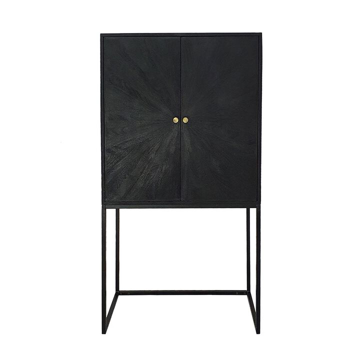59 Inch Accent Cabinet, 2 Doors, Iron Stand, Acacia Wood, MDF, Black  - Benzara