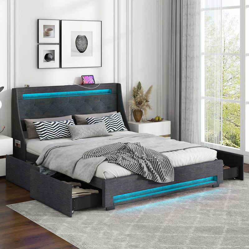 Upholstered Platform Bed Frame with LED Lights and Built-In Charging Station for Modern Convenience and Style
