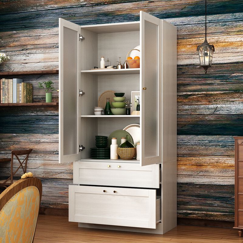 FUFU&GAGA Modern White Food Pantry Cabinet with Adjustable Shelves and Lockable Drawers (31.5" W x 70.9" H x 15.7" D), Wood Grain Finish with Brass Pull Handles
