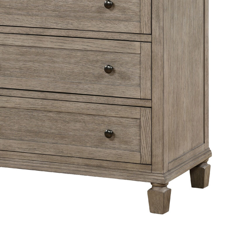 Cely Tall Dresser Chest, 6 Drawers, Gray Oak Wood, Nickel Tone Knobs  - Benzara