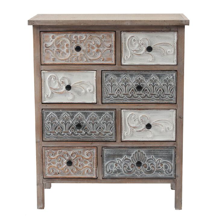 LuxenHome Rustic Carved Wood 8-Drawer Chest End Table
