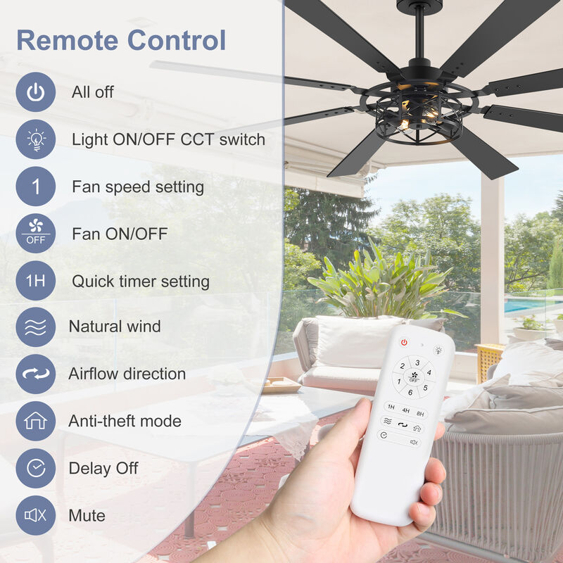 Breezary 65 in Traditional Ceiling Fan with Light,8 Blade Plywood Fan, E26 x2 Bulbs,Remote Control image number 3