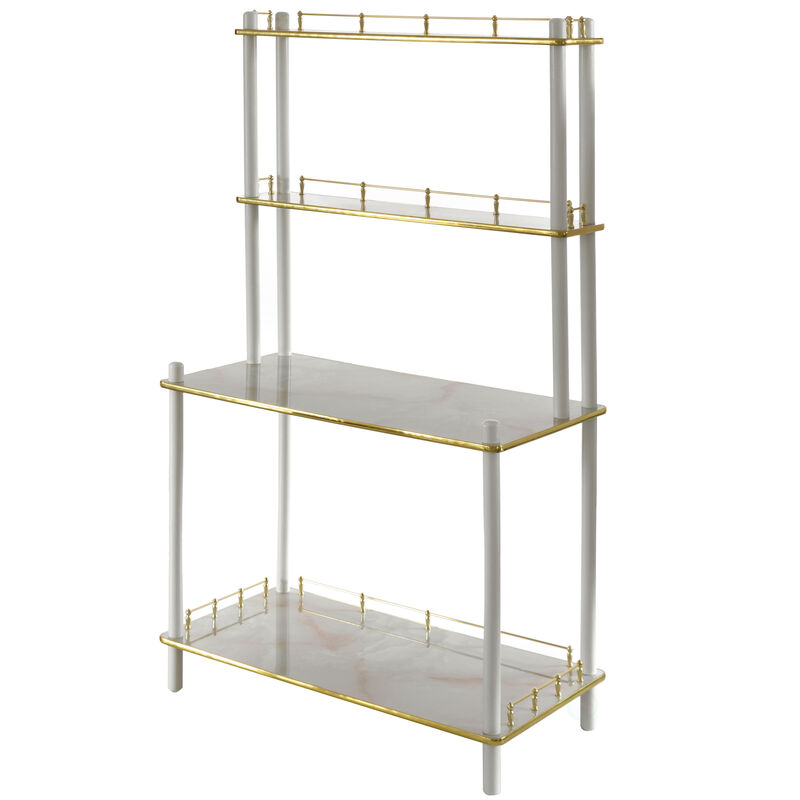 Set of 2 Pieces, Bartender Serving Display Station, Bar Console Working Counter with Open Shelves, Bar Console Island with Tier Shelves for Glass and Bottles, Wood, White