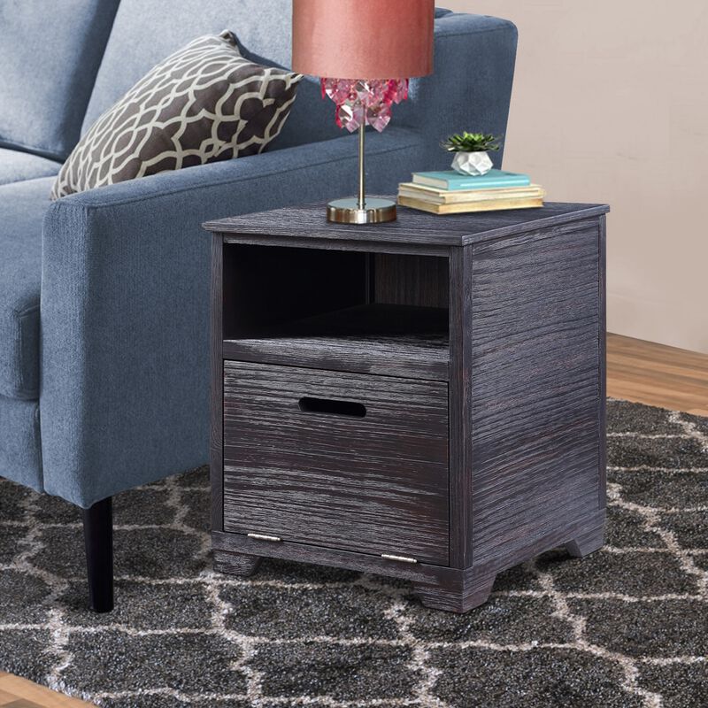 Rugged Textured Wooden End Table with Drop Down Storage, Black-Benzara