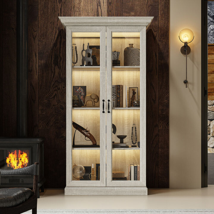 FUFU&GAGA Tall Glass Display Cabinet with LED Strip Light (37" W x 18.5" D x 69.3" H), Saw-Cut Gray Oak Finish