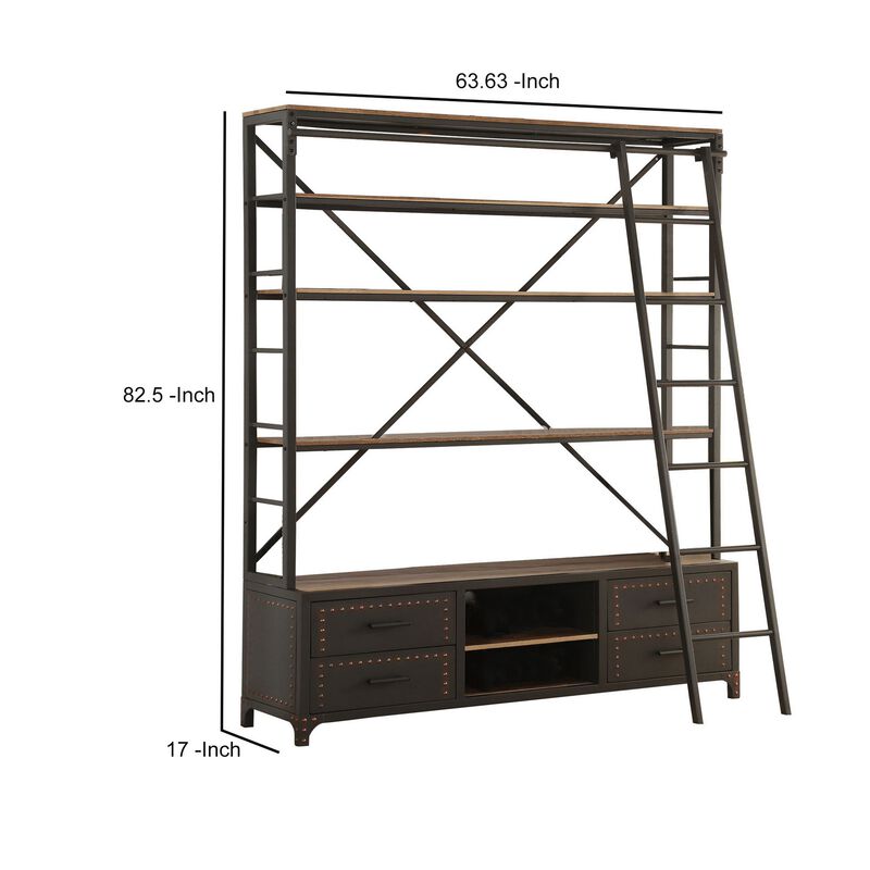 Wood and Metal Bookshelf with Built In Sliding Ladder, Gray and Brown-Benzara
