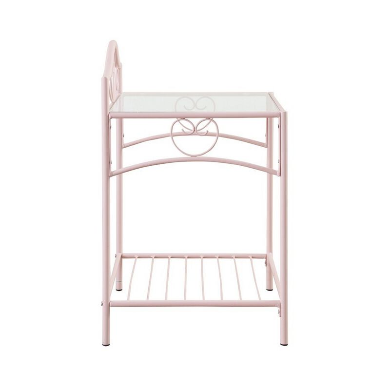Metal Nightstand with Glass Top and Open Bottom Shelf, Pink and Clear-Benzara
