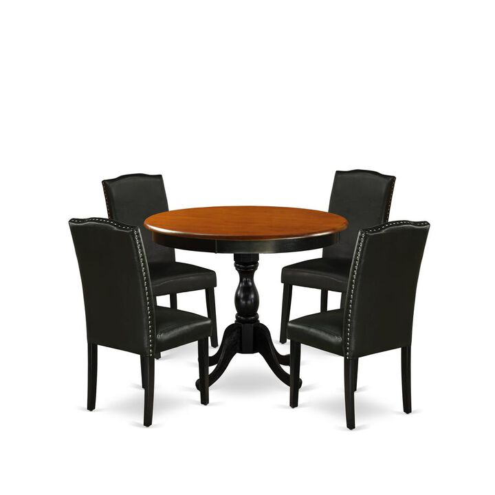 East West Furniture 5-Piece Round Table Set Contains a Wood Kitchen Table and 4 Black PU Leather Upholstered Chairs with High Back - Black Finish