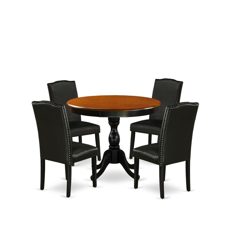 East West Furniture 5-Piece Round Table Set Contains a Wood Kitchen Table and 4 Black PU Leather Upholstered Chairs with High Back - Black Finish