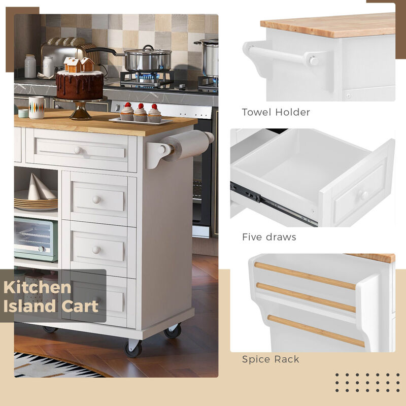 Kitchen cart with Rubber wood desktop rolling mobile kitchen island with storage and 5 draws 53 Inch length(White)